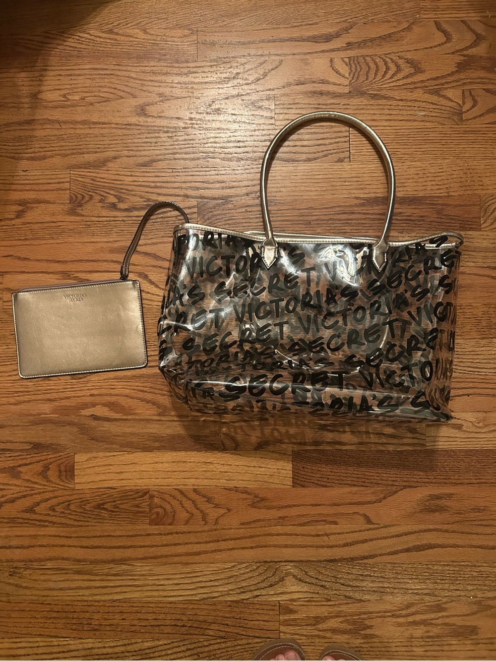 Victoria’s Secret Black, Gold, & Clear Shoulder Bag W/ Gold Zip Pouch